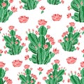 Vector seamless pattern of blooming cacti. Cacti, succulents, exotic plants repeating pattern, ornament.